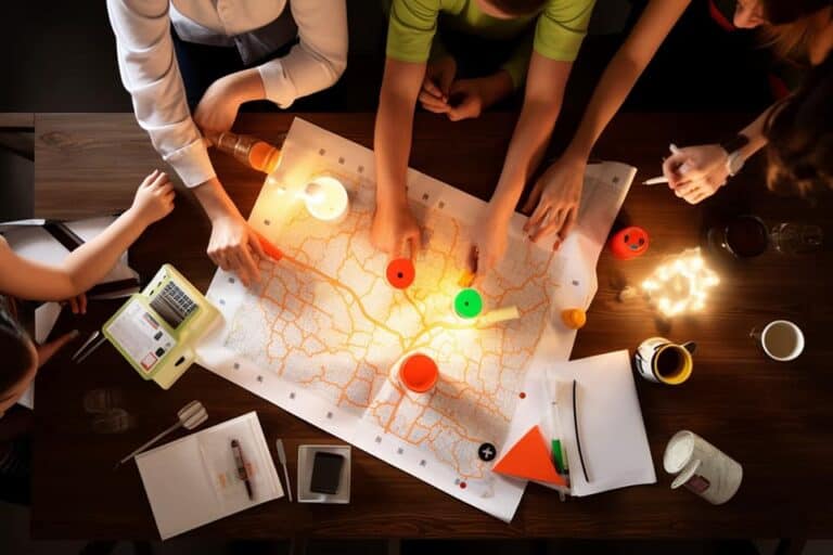 a family gathered around a table, examining a detailed emergency plan with a first aid kit, flashlight, and evacuation route map