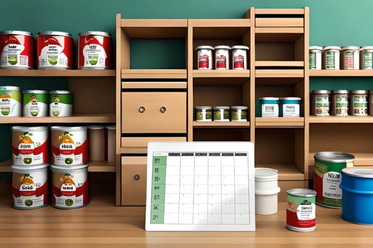 canned food storage shelf with various expiration date tags on each can, and a calendar marking days