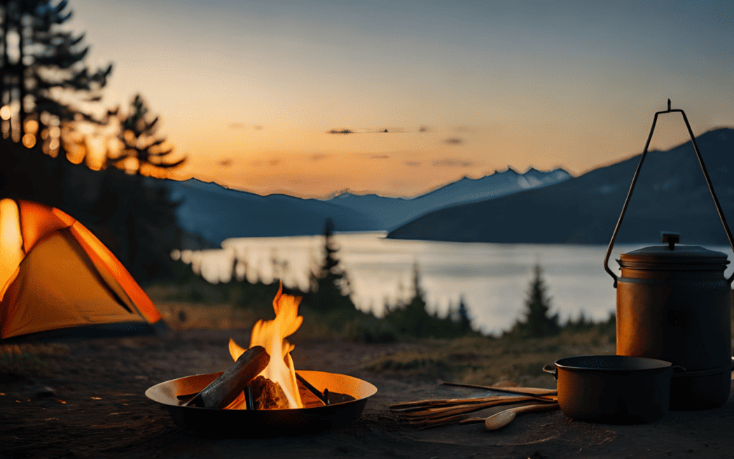 Campfire tent, lake and mountains in the background