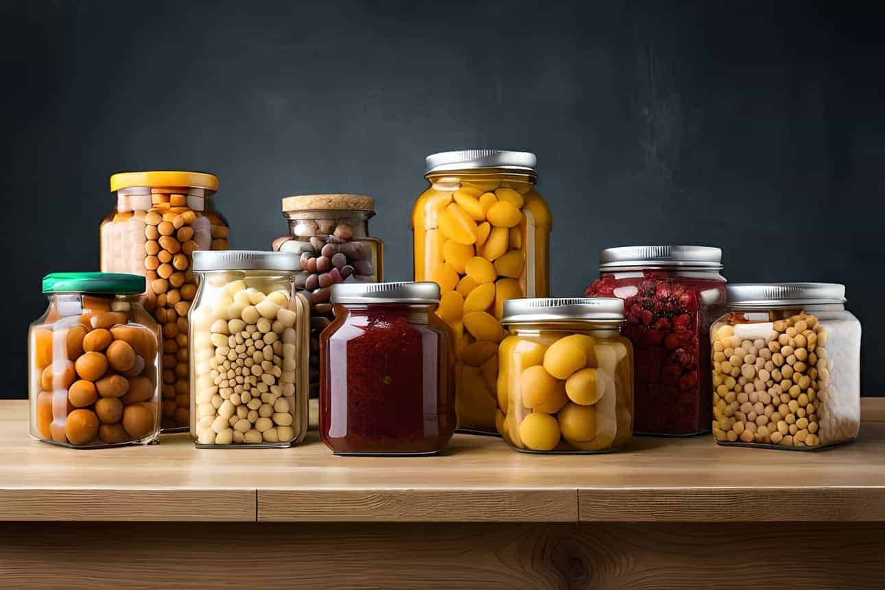 an image featuring a variety of preserved food items like canned goods, vacuum-sealed bags, and dehydrated fruits, all stored neatly on a shelf against a backdrop of emergency supplies.