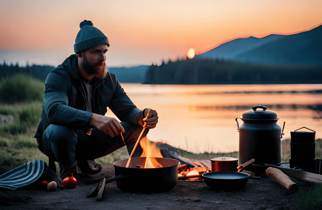 sitting at a campfire near a lake cooking food