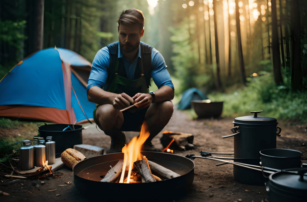 sitting at a campfire, in the forest, cooking food