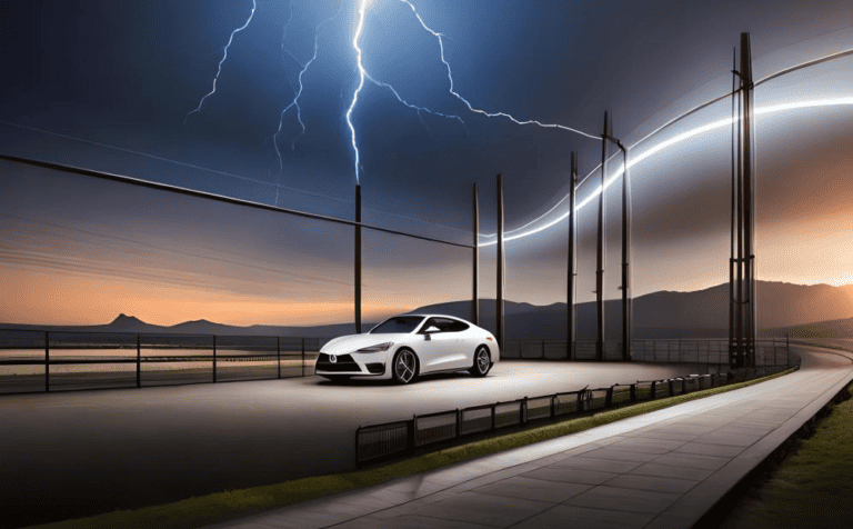 a car parked under a large metal structure with lightning