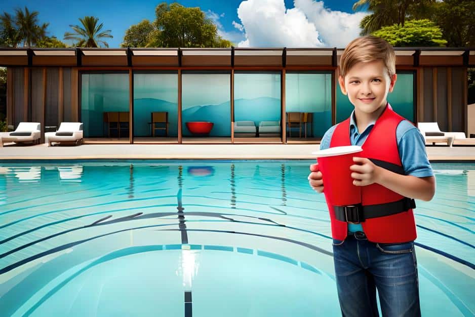 child holding a cup of pool water