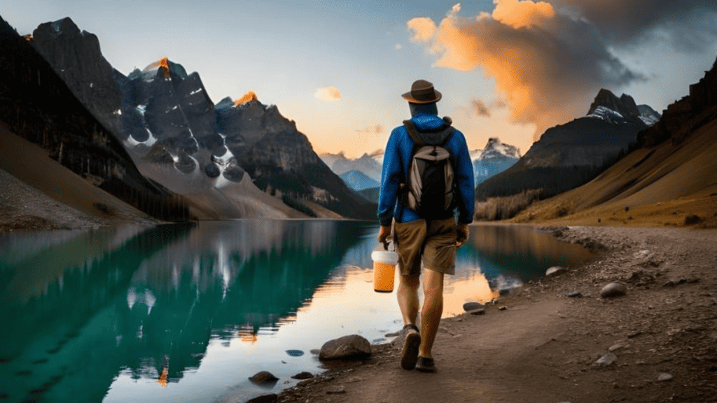 going to collect water from a lake in the mountains